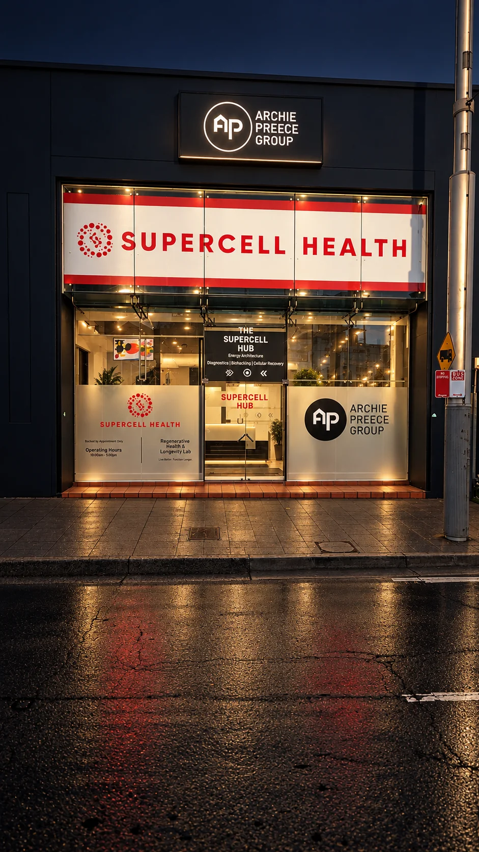 Architectural render of the Supercell Health clinic frontage on Anzac Parade, Kingsford, with illuminated signage and a glass entrance.