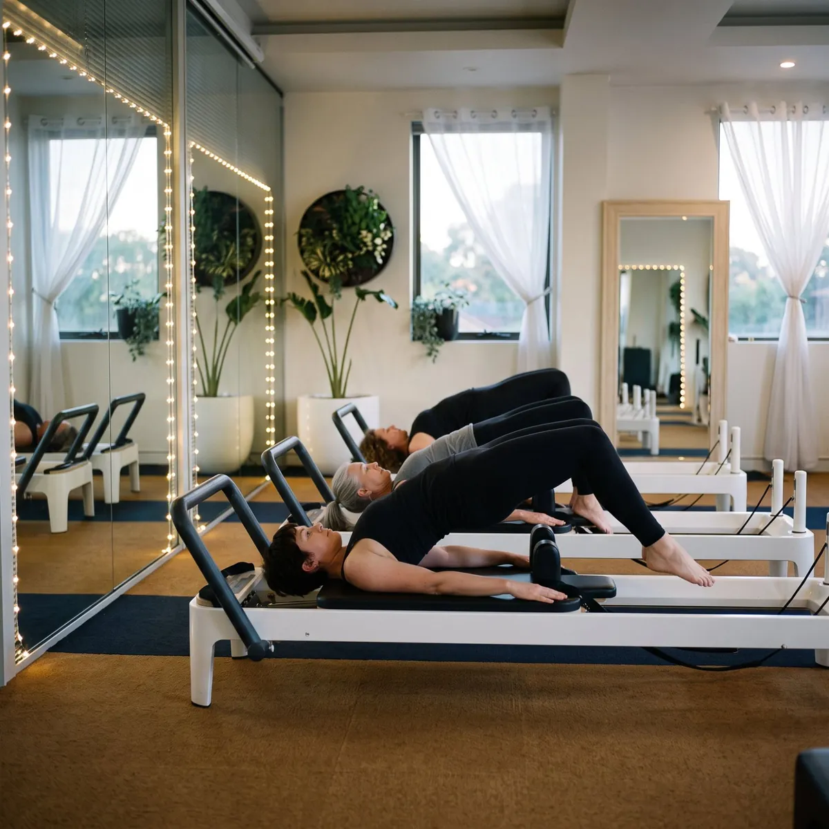 Three people holding a bridge position on Pilates reformers in a bright studio.