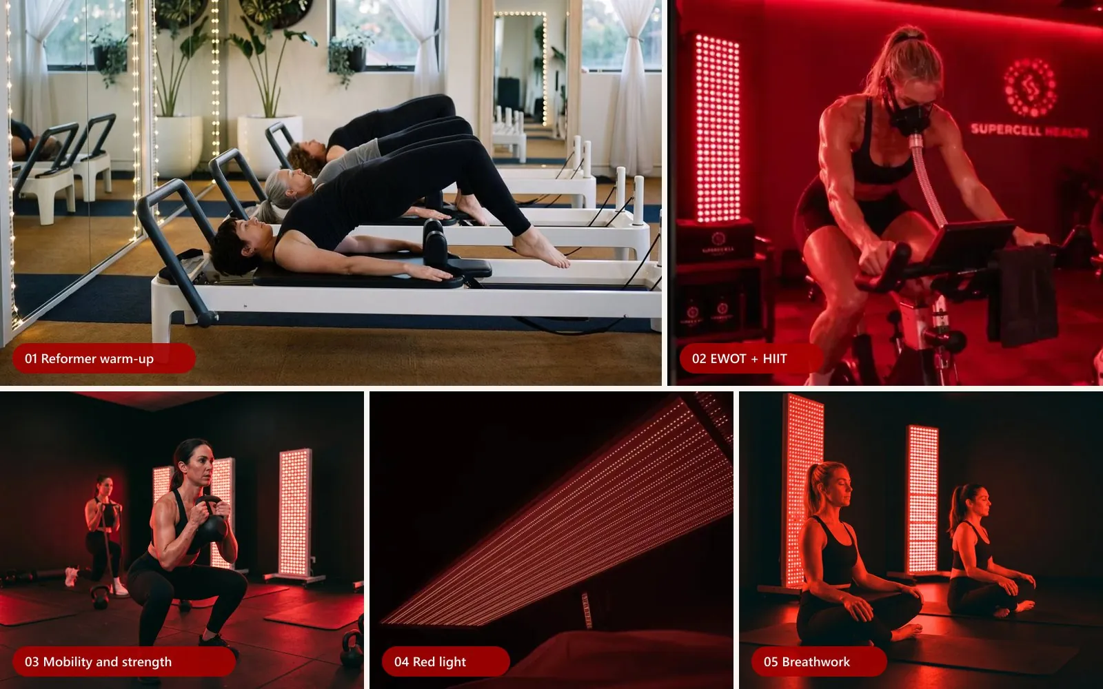 The Oxygen Hour in five steps: 01 reformer warm-up, 02 exercise with oxygen and high-intensity intervals on a bike, 03 mobility and strength with a kettlebell, 04 a red light panel, 05 seated breathwork under red light.