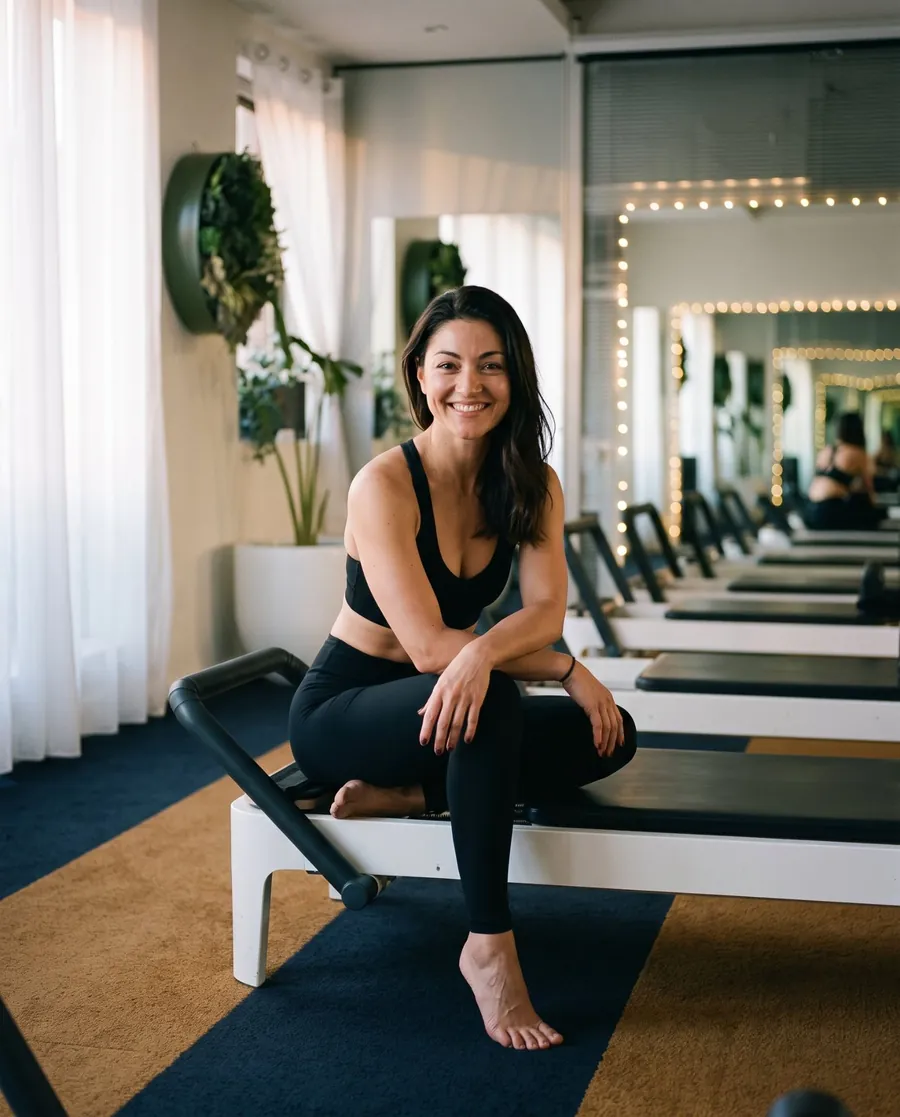 Galina seated on a reformer in the Pilates studio.