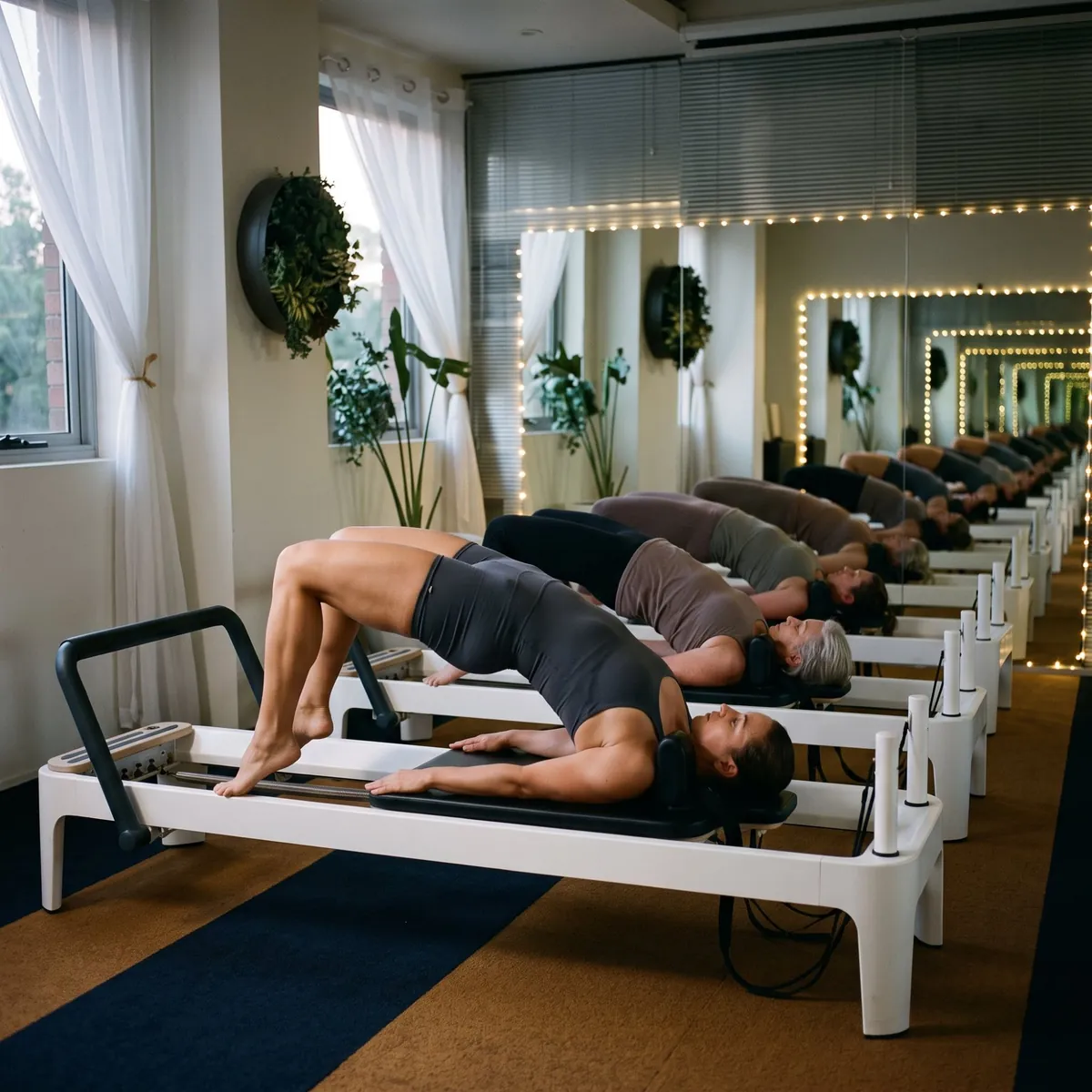 Three people holding a bridge position on reformers in the Pilates studio.