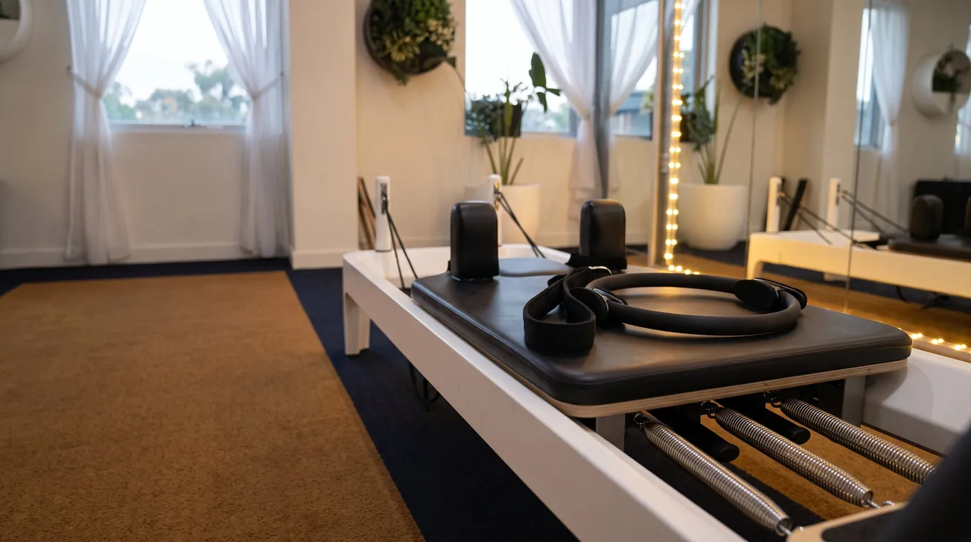 A reformer set up with straps and a Pilates ring beside the studio windows.