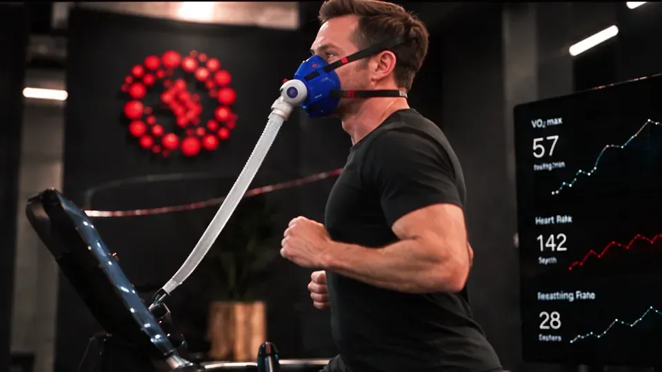 A person exercising with a breath-testing mask beside a monitor.